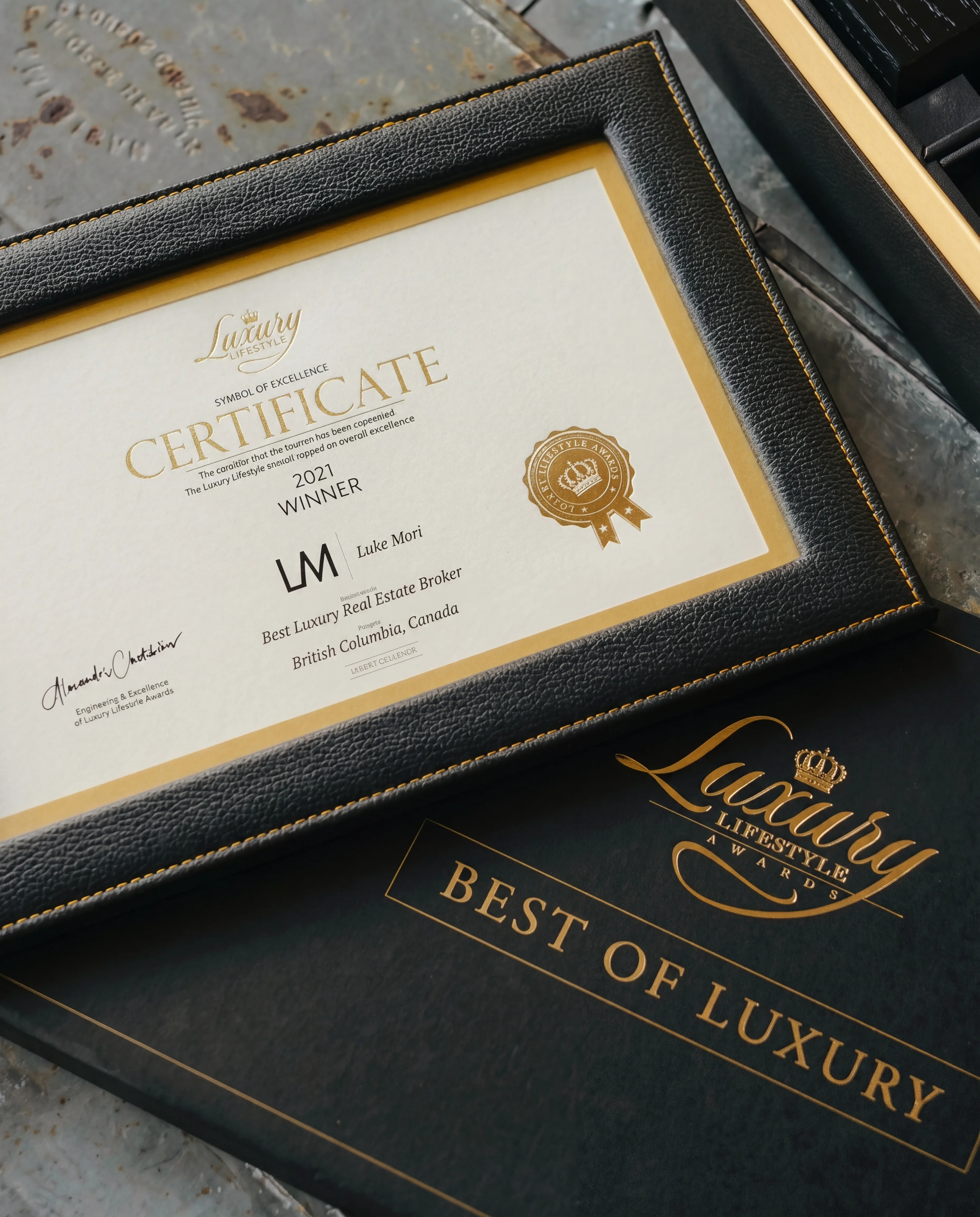 Luxury Lifestyle Awards certificate for Luke Mori